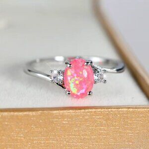 NEW 18k White Gold Pink Fire Opal Diamond Ring Band